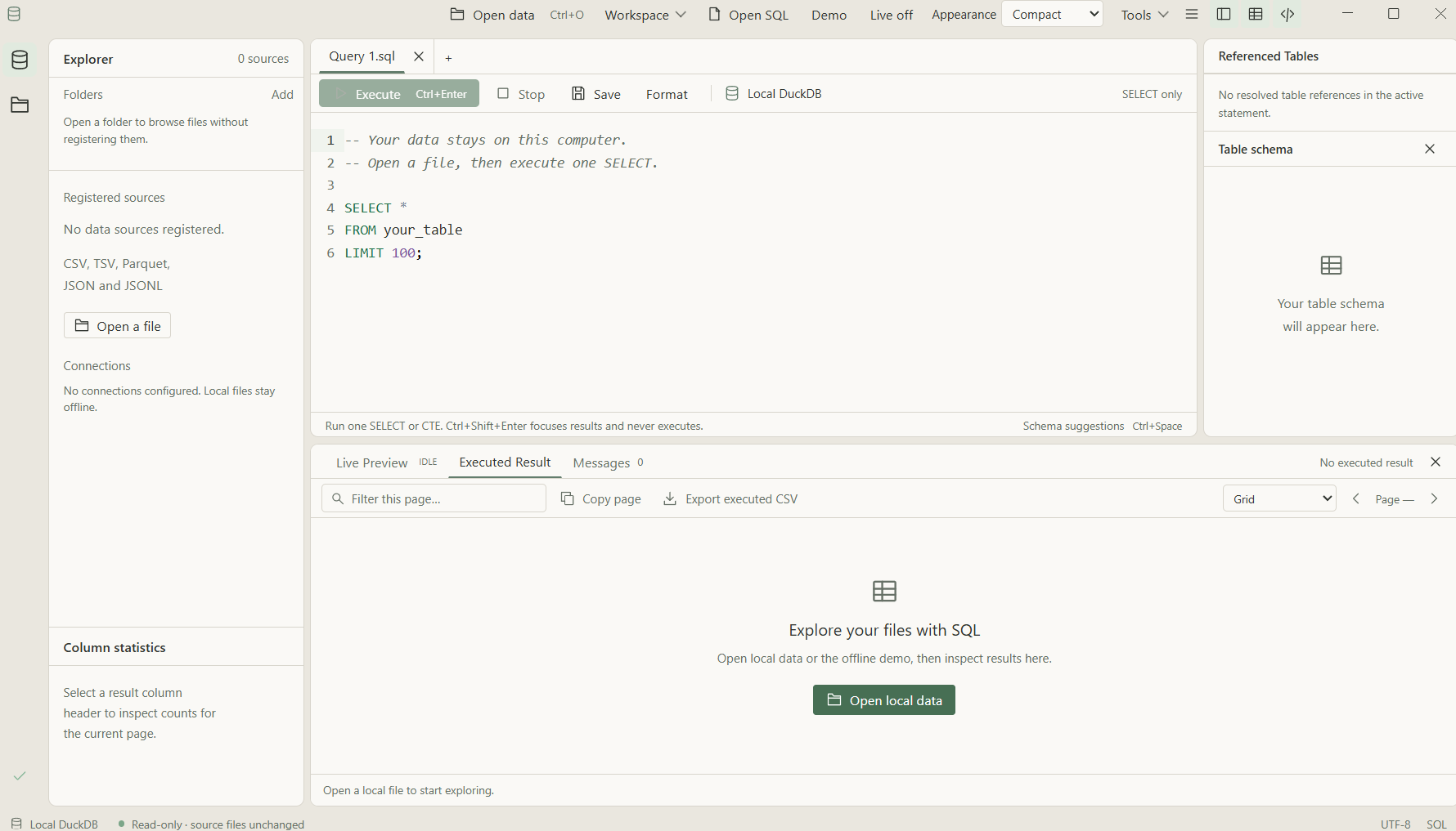 ArguSQL Windows workspace with SQL editor and results panel